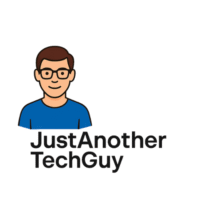 Logo for "JustAnotherTechGuy" featuring a minimalist illustrated man with glasses and a blue shirt next to the brand name in bold black text.